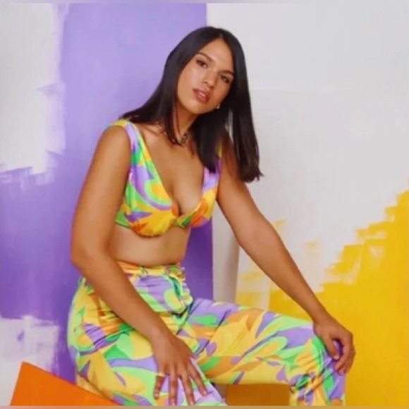 WeWoreWhat Tops - Vibrant Floral Two-Piece Set - Yellow, Purple & Green